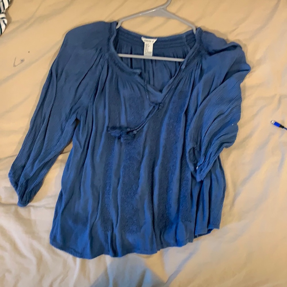 Dark blue flowy blouse with embroidered pattern